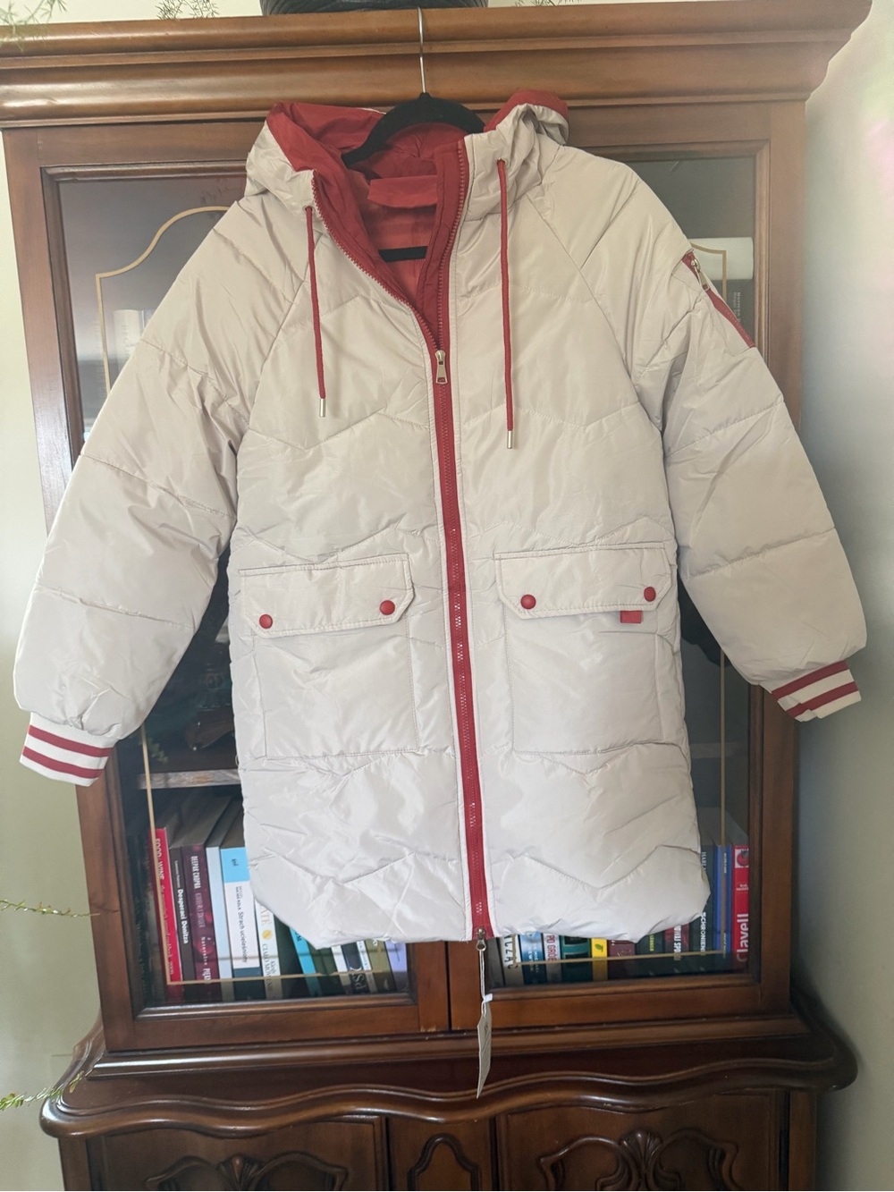 Women Puffer Hooded Coat in Cream with Red Trim